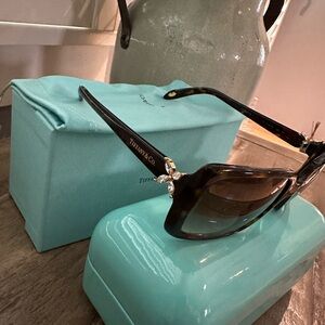 Tiffany & Co Brown Sunglasses with Rhinestone Flowers On Each Outer Arm (New)